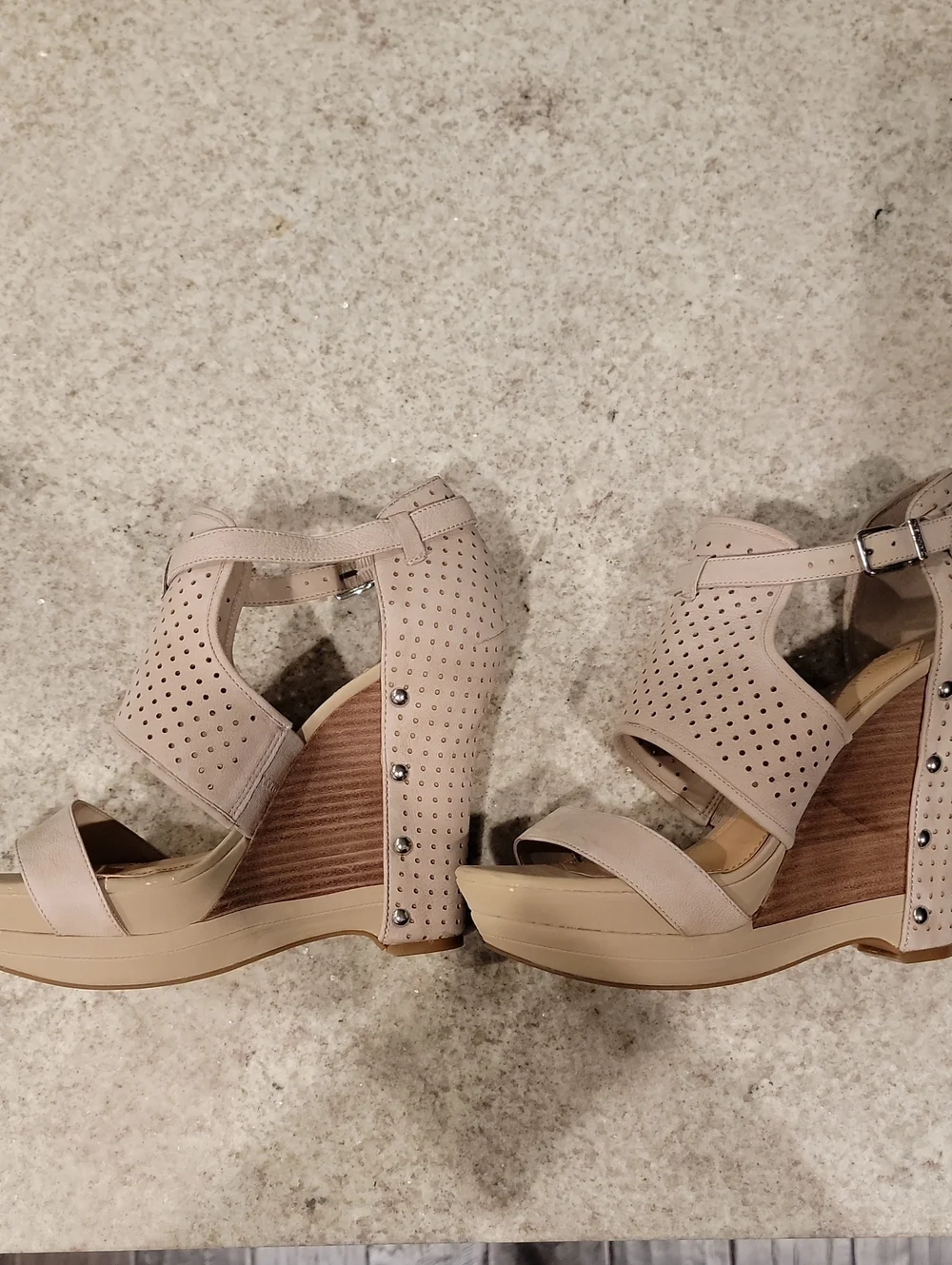 Gianni Bini Nude-Beige Perforated Wedge Sandals with Ankle Strap